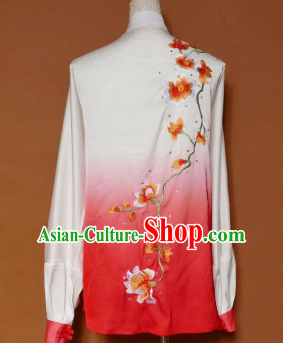 Top Group Kung Fu Costume Tai Ji Training Embroidered Magnolia Red Uniform Clothing for Women
