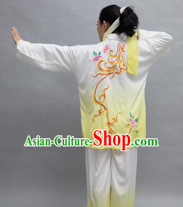 Top Group Kung Fu Costume Tai Ji Training Embroidered Peony Yellow Uniform Clothing for Women