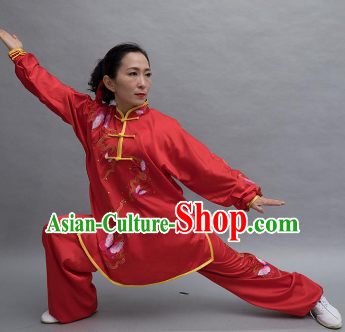 Top Group Kung Fu Costume Tai Ji Training Embroidered Butterfly Red Uniform Clothing for Women