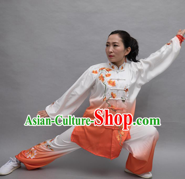 Top Tai Ji Training Embroidered Orange Uniform Kung Fu Group Competition Costume for Women
