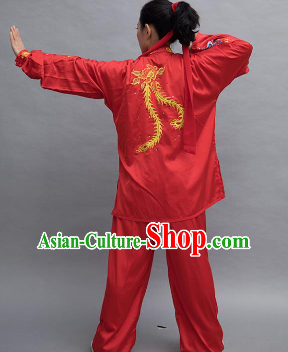 Top Tai Ji Training Embroidered Phoenix Red Uniform Kung Fu Group Competition Costume for Women