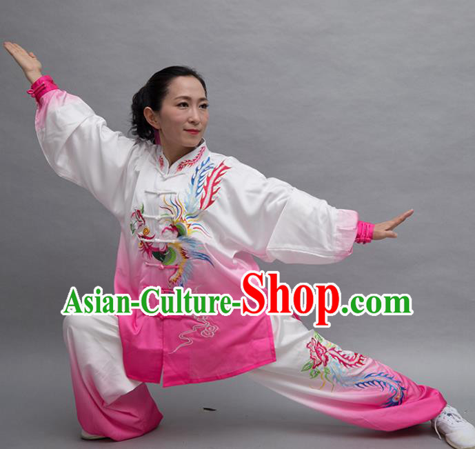 Top Tai Ji Training Embroidered Phoenix Pink Uniform Kung Fu Group Competition Costume for Women