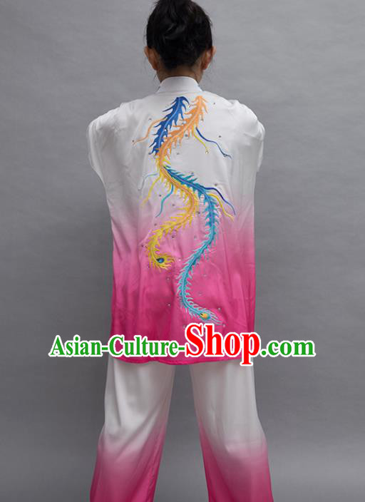 Top Tai Ji Training Embroidered Phoenix Rosy Uniform Kung Fu Group Competition Costume for Women