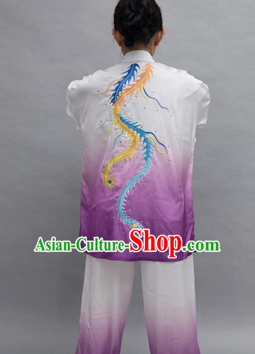 Top Tai Ji Training Embroidered Phoenix Purple Uniform Kung Fu Group Competition Costume for Women