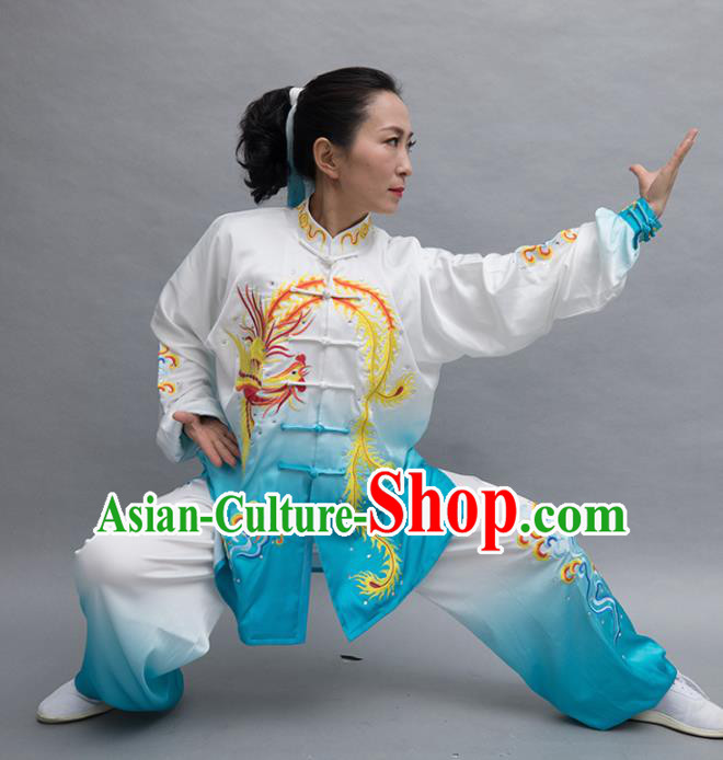 Top Tai Ji Training Embroidered Phoenix Blue Uniform Kung Fu Group Competition Costume for Women