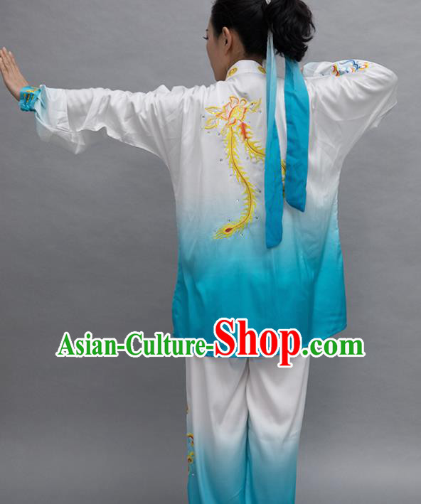 Top Tai Ji Training Embroidered Phoenix Blue Uniform Kung Fu Group Competition Costume for Women