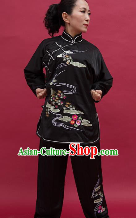 Top Tai Ji Training Embroidered Black Uniform Kung Fu Group Competition Costume for Women
