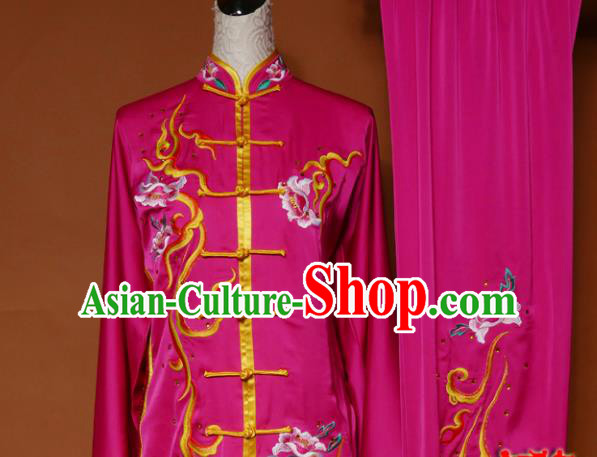 Top Grade Kung Fu Embroidered Rosy Costume Martial Arts Training Tai Ji Uniform for Adults