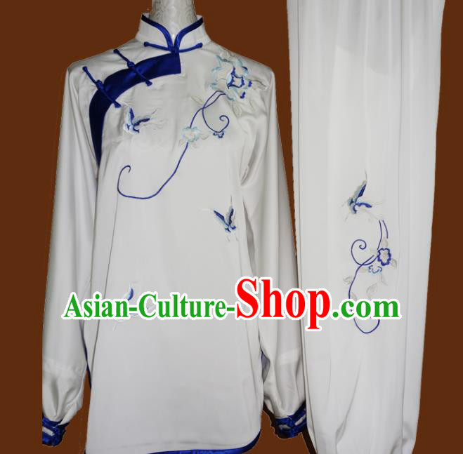 Chinese Traditional Tai Chi Embroidered Blue Butterfly Uniform Kung Fu Group Competition Costume for Women