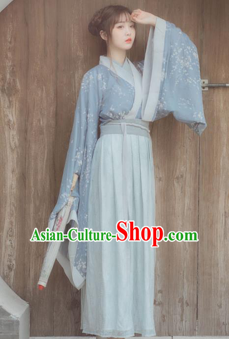 Chinese Ancient Blue Hanfu Dress Jin Dynasty Swordswoman Traditional Historical Costume for Women