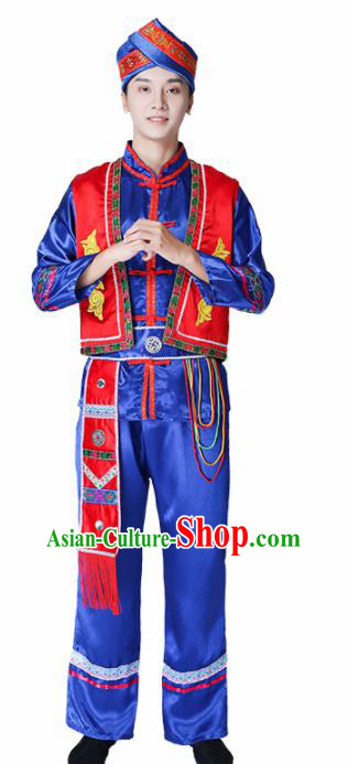 Chinese Traditional Ethnic Costume Miao Nationality Male Folk Dance Royalblue Clothing for Men