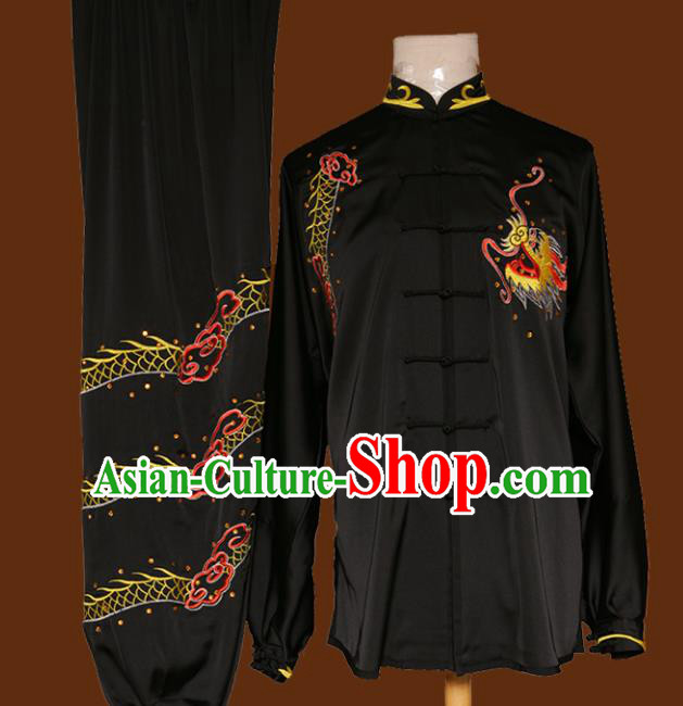Top Grade Kung Fu Embroidered Dragon Black Costume Chinese Tai Chi Martial Arts Training Uniform for Adults