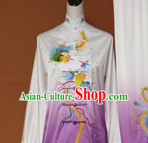 Chinese Traditional Tai Chi Training Embroidered Phoenix Purple Silk Uniform Kung Fu Group Competition Costume for Women