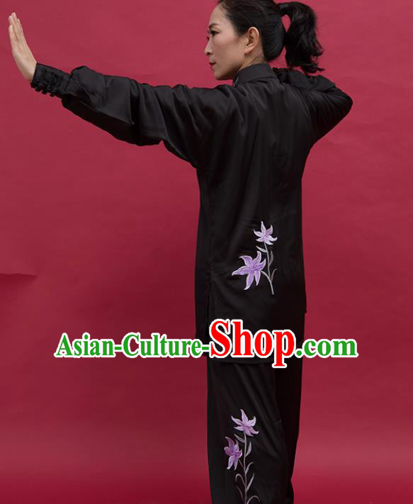 Top Group Kung Fu Costume Tai Ji Training Embroidered Orchid Black Uniform Clothing for Women