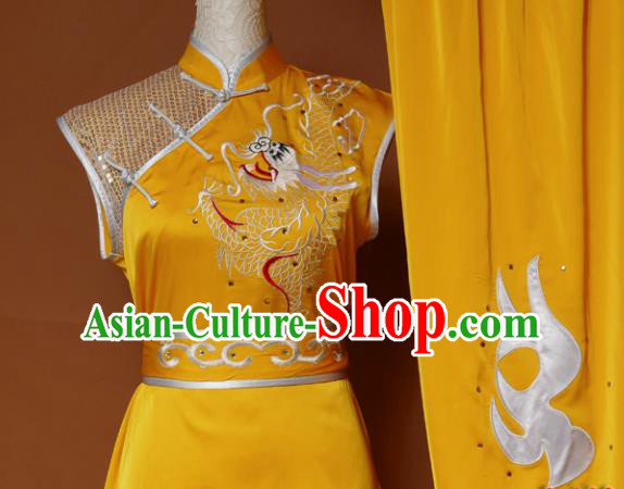 Top Kung Fu Group Competition Costume Martial Arts Wushu Embroidered Dragon Golden Uniform for Men