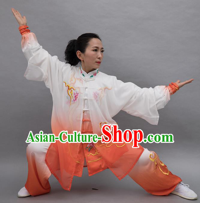Top Group Kung Fu Costume Tai Ji Training Embroidered Orange Uniform Clothing for Women