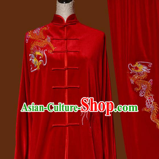 Top Grade Kung Fu Embroidered Red Velvet Costume Martial Arts Training Tai Ji Uniform for Adults