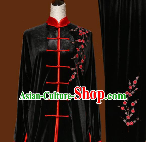 Chinese Traditional Tai Chi Embroidered Plum Blossom Black Uniform Kung Fu Group Competition Costume for Women