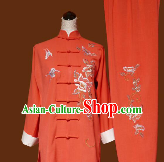 Top Grade Kung Fu Embroidered Peony Orange Costume Chinese Martial Arts Training Tai Ji Uniform for Adults