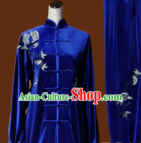 Chinese Traditional Tai Chi Embroidered Peony Royalblue Velvet Uniform Kung Fu Group Competition Costume for Women