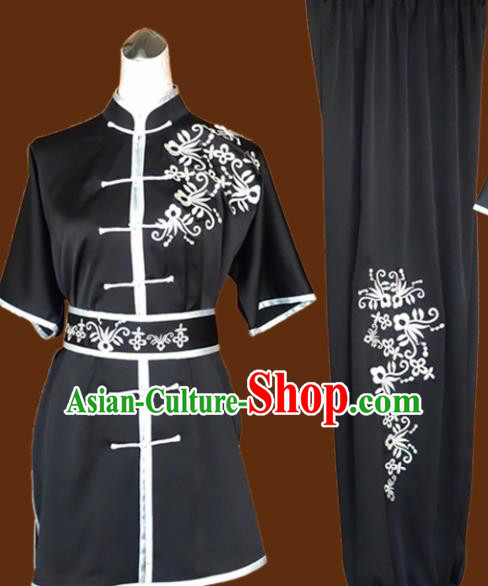 Chinese Traditional Martial Arts Embroidered Black Uniform Kung Fu Group Competition Costume for Women