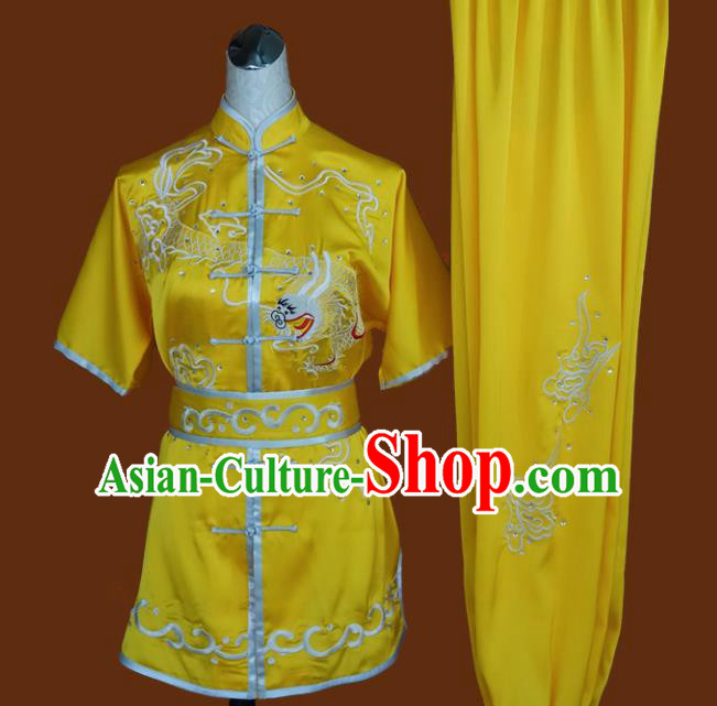 Top Grade Kung Fu Embroidered Dragon Yellow Costume Chinese Tai Chi Martial Arts Training Uniform for Adults