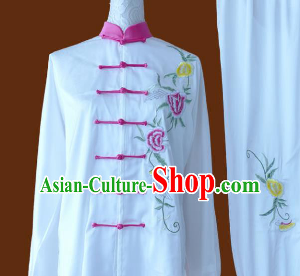 Chinese Traditional Tai Chi Embroidered Peony White Uniform Kung Fu Group Competition Costume for Women