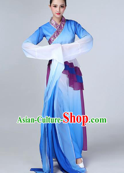 Chinese Traditional Stage Performance Costume Classical Dance Blue Water Sleeve Dress for Women