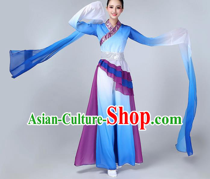 Chinese Traditional Stage Performance Costume Classical Dance Blue Water Sleeve Dress for Women