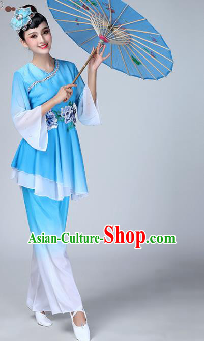 Chinese Traditional Stage Performance Folk Dance Costume National Fan Dance Blue Clothing for Women