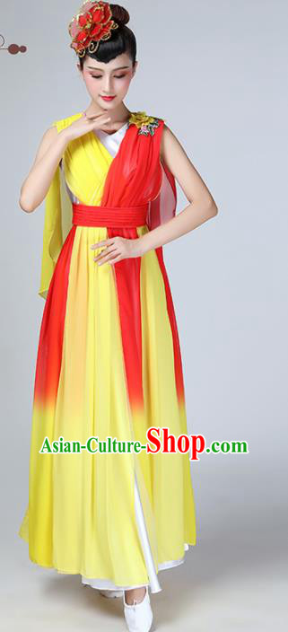 Chinese Traditional Stage Performance Chorus Costume Classical Dance Yellow Veil Dress for Women