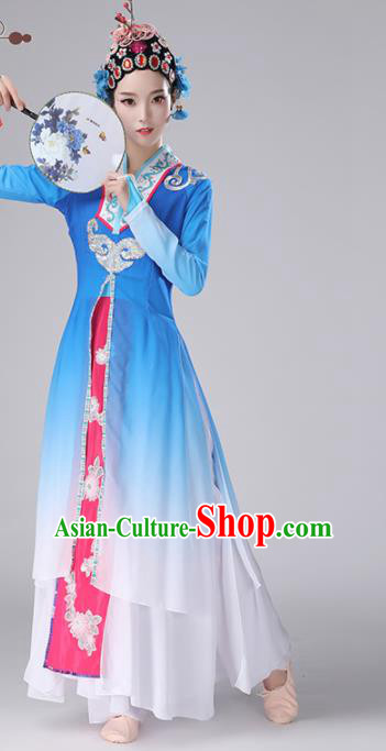 Chinese Traditional Stage Performance Costume Classical Dance Umbrella Dance Deep Blue Dress for Women