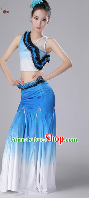 Chinese Traditional Classical Dance Blue Dress Stage Performance Peacock Dance Costume for Women