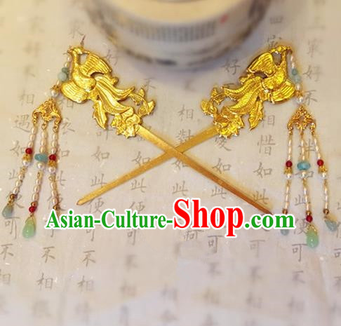 Chinese Ancient Handmade Golden Phoenix Hairpins Traditional Classical Hair Accessories for Women