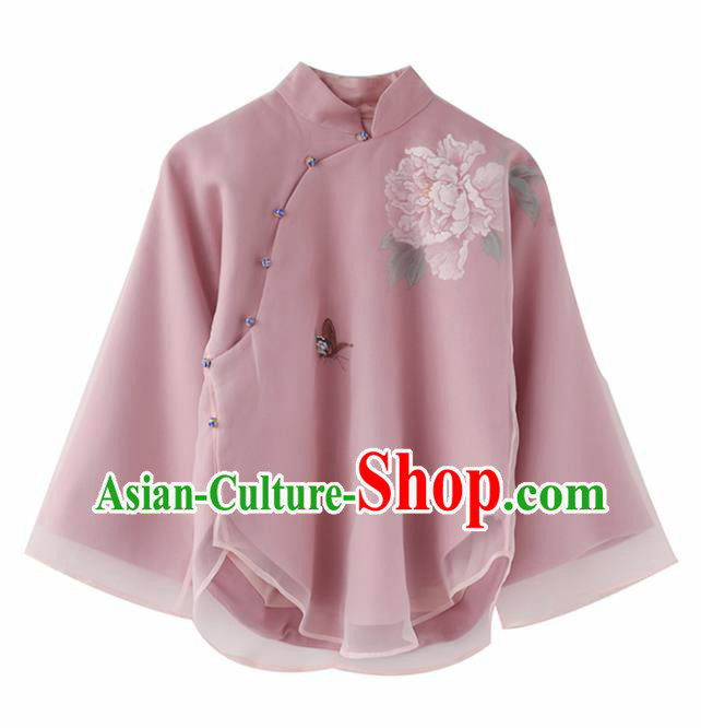 Chinese National Costume Traditional Classical Cheongsam Printing Peony Pink Blouse for Women