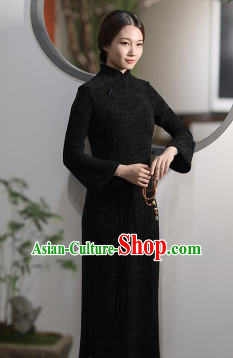 Chinese National Costume Traditional Cheongsam Classical Black Qipao Dress for Women