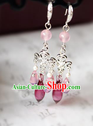 Chinese Ancient Traditional Handmade Pink Coloured Glaze Earrings Classical Ear Accessories for Women