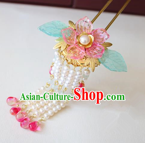 Chinese Ancient Handmade Pink Cherry Blossom Tassel Hairpins Traditional Classical Hair Accessories for Women