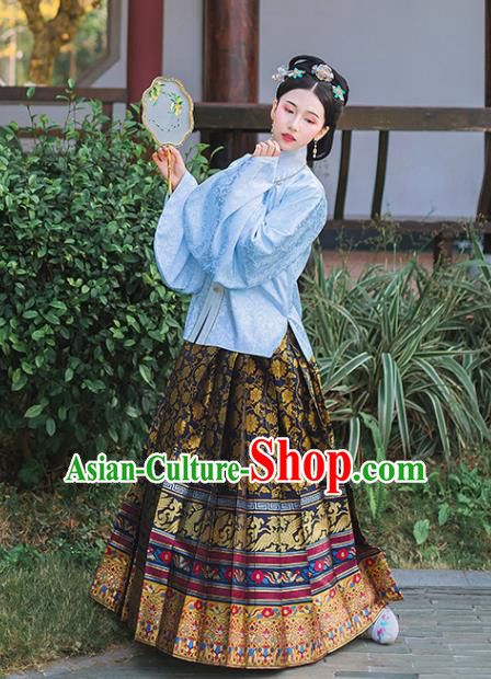 Chinese Ancient Ming Dynasty Princess Embroidered Historical Costume Blue Blouse and Black Horse Face Skirt Complete Set