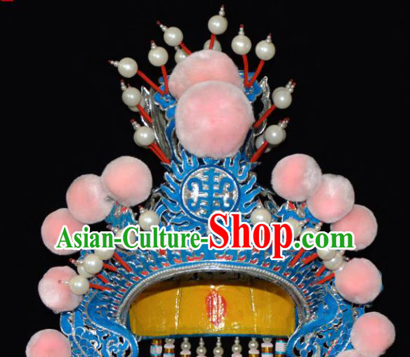 Chinese Beijing Opera Blues Hair Accessories Ancient Female General Pink Phoenix Coronet for Women