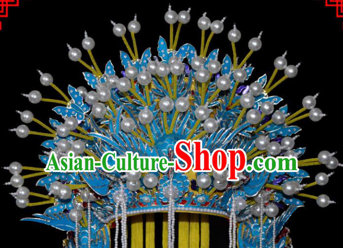 Chinese Beijing Opera Hair Accessories Ancient Imperial Consort Blue Phoenix Coronet for Women