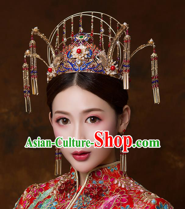 Chinese Ancient Handmade Blueing Phoenix Coronet Bride Tassel Hairpins Traditional Classical Wedding Hair Accessories for Women
