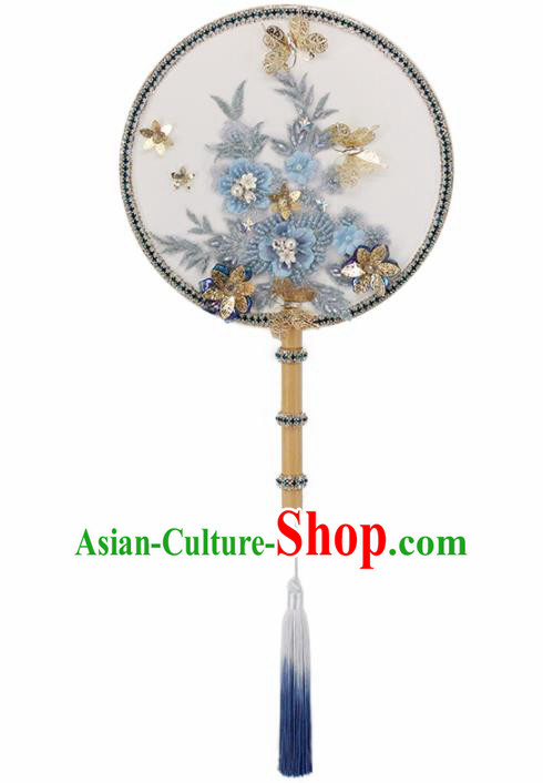 Chinese Handmade Classical Blue Flowers Palace Fans Wedding Bride Accessories Round Fan for Women