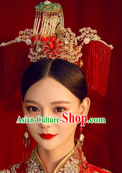 Chinese Ancient Handmade Bride Hairpins Traditional Red Tassel Phoenix Coronet Wedding Hair Accessories for Women