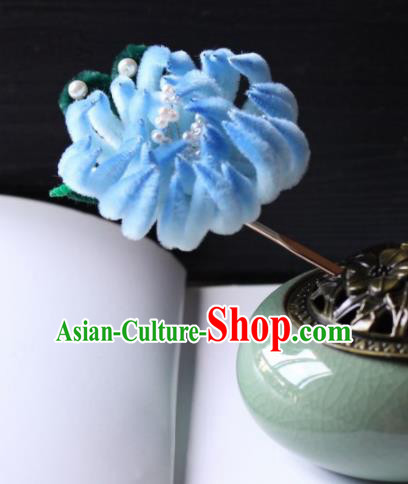 Top Grade Chinese Ancient Palace Blue Velvet Chrysanthemum Hairpins Traditional Hair Accessories Headdress for Women