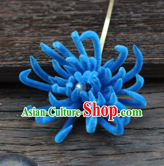 Top Grade Chinese Ancient Palace Queen Royalblue Velvet Chrysanthemum Hairpins Traditional Hair Accessories Headdress for Women