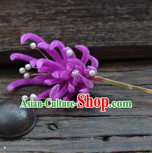 Top Grade Chinese Ancient Palace Queen Purple Velvet Chrysanthemum Hairpins Traditional Hair Accessories Headdress for Women