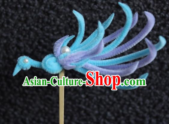 Top Grade Chinese Ancient Palace Queen Blue Velvet Phoenix Hairpins Traditional Hair Accessories Headdress for Women