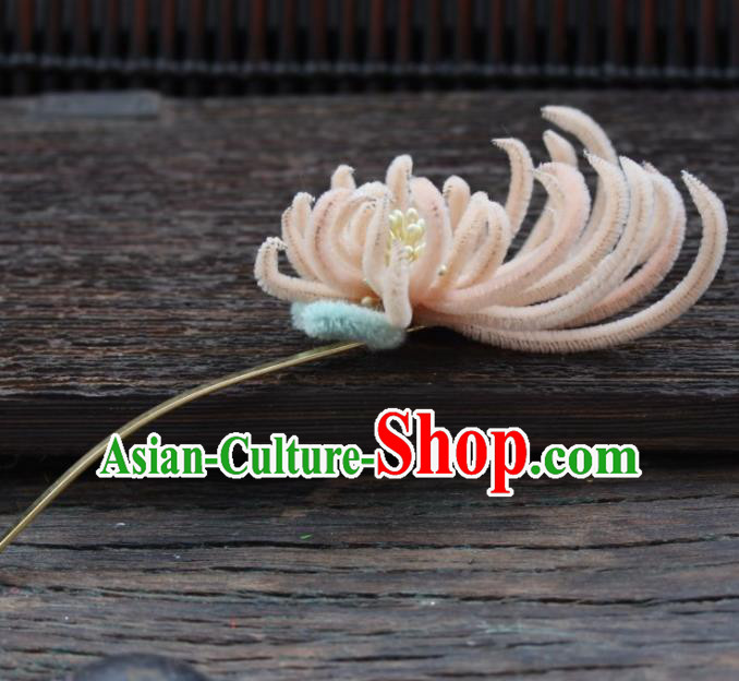 Top Grade Chinese Ancient Palace Queen Pink Velvet Chrysanthemum Hairpins Traditional Hair Accessories Headdress for Women