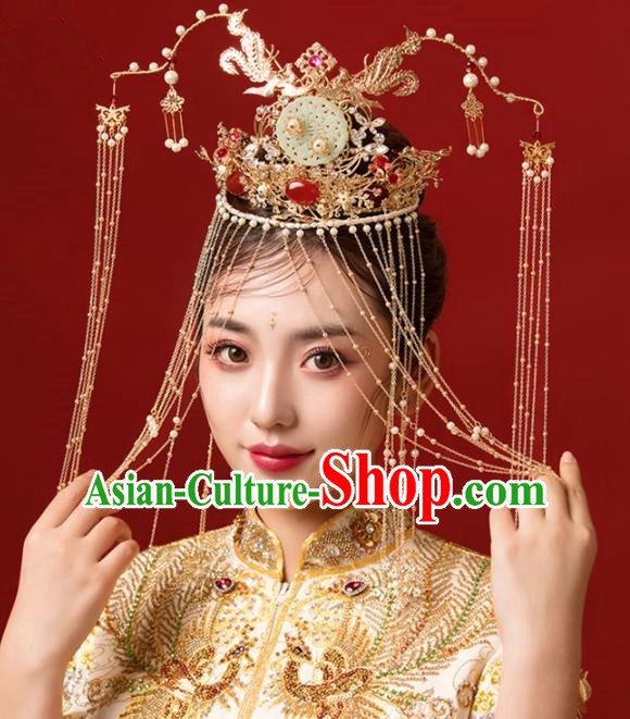 Chinese Ancient Bride Jade Phoenix Coronet Hairpins Traditional Wedding Hair Accessories for Women